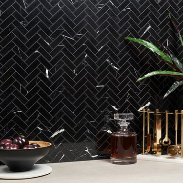 Nero Marquina Polished 1x3 Herringbone Marble Mosaic