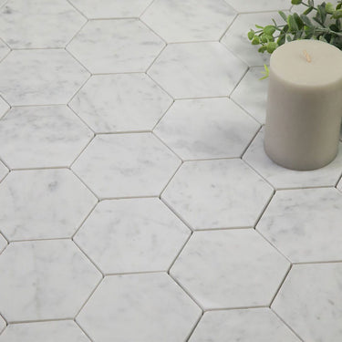 White Carrara Honed 5 Inch Hexagon Marble Mosaic