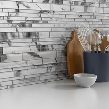 Statuario Pearl Glossy Ledger Glass Mosaic