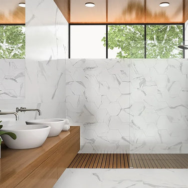 Itt Calacatta White Matte 9 Inch Hexagon Porcelain Mosaic
