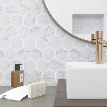 Glamour Statuario Matte 4 Inch Hexagon Porcelain Mosaic