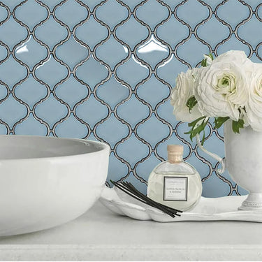 Glamour Light Blue Glossy 2 Inch Lantern Arabesque Porcelain Mosaic