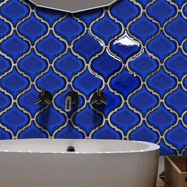 Glamour Blue Glossy 2 Inch Lantern Arabesque Porcelain Mosaic