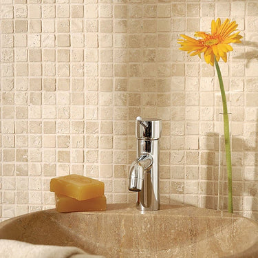 Ivory Light Tumbled 1x1 Travertine Mosaic